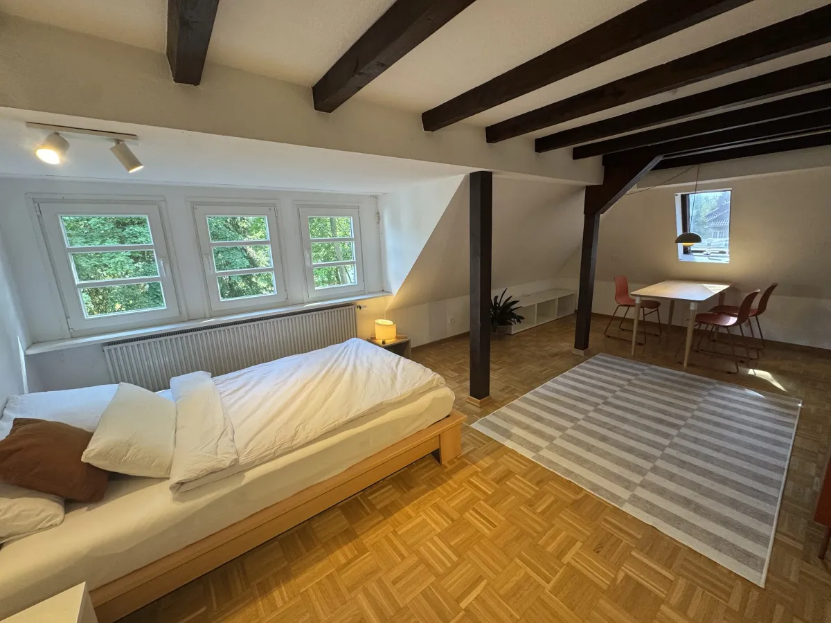 Open-plan living and sleeping area with dining table