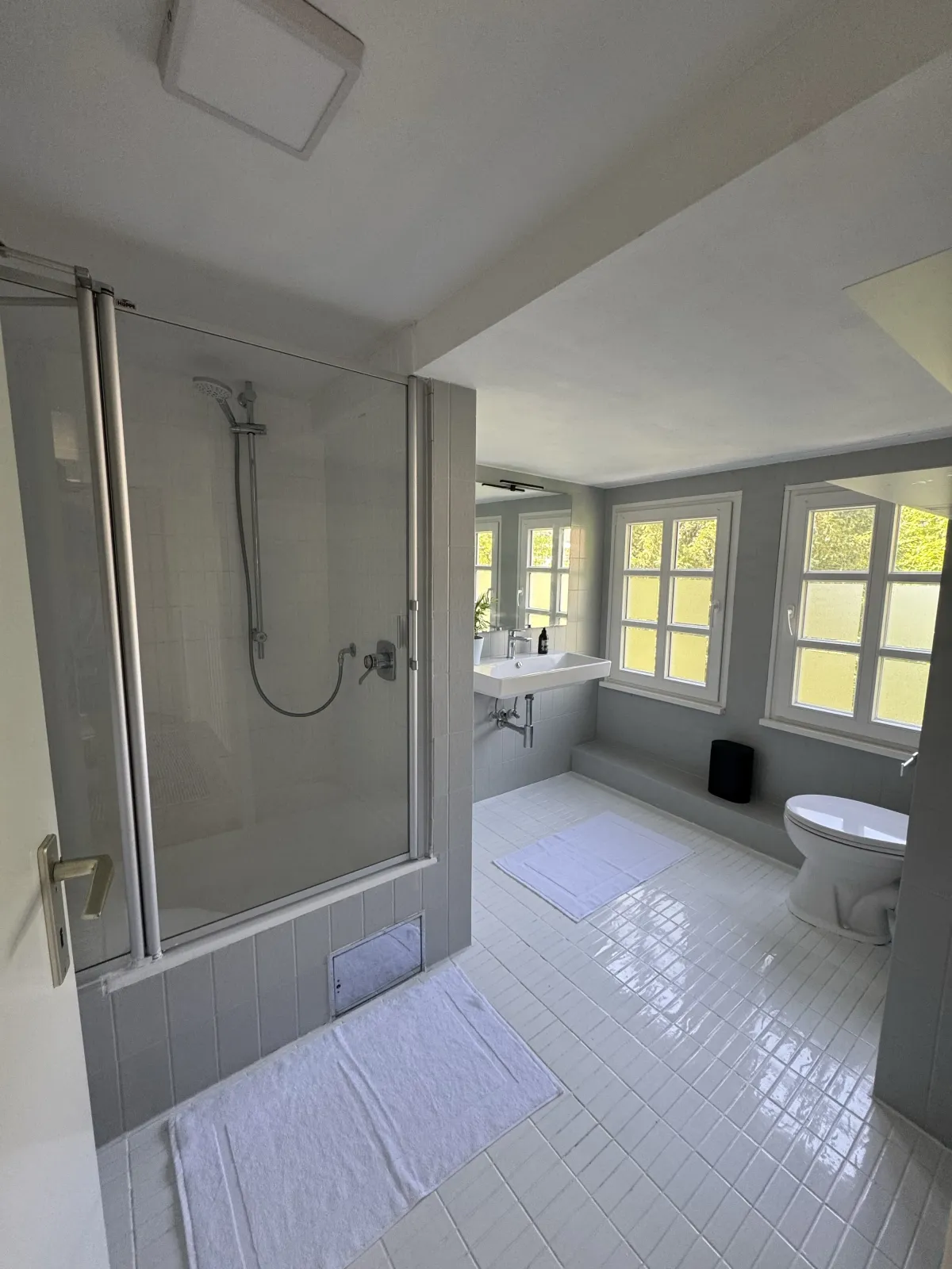 Bathroom with shower, bathtub and large windows