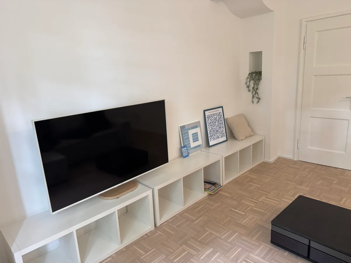 TV wall with built-in shelving and wall niche