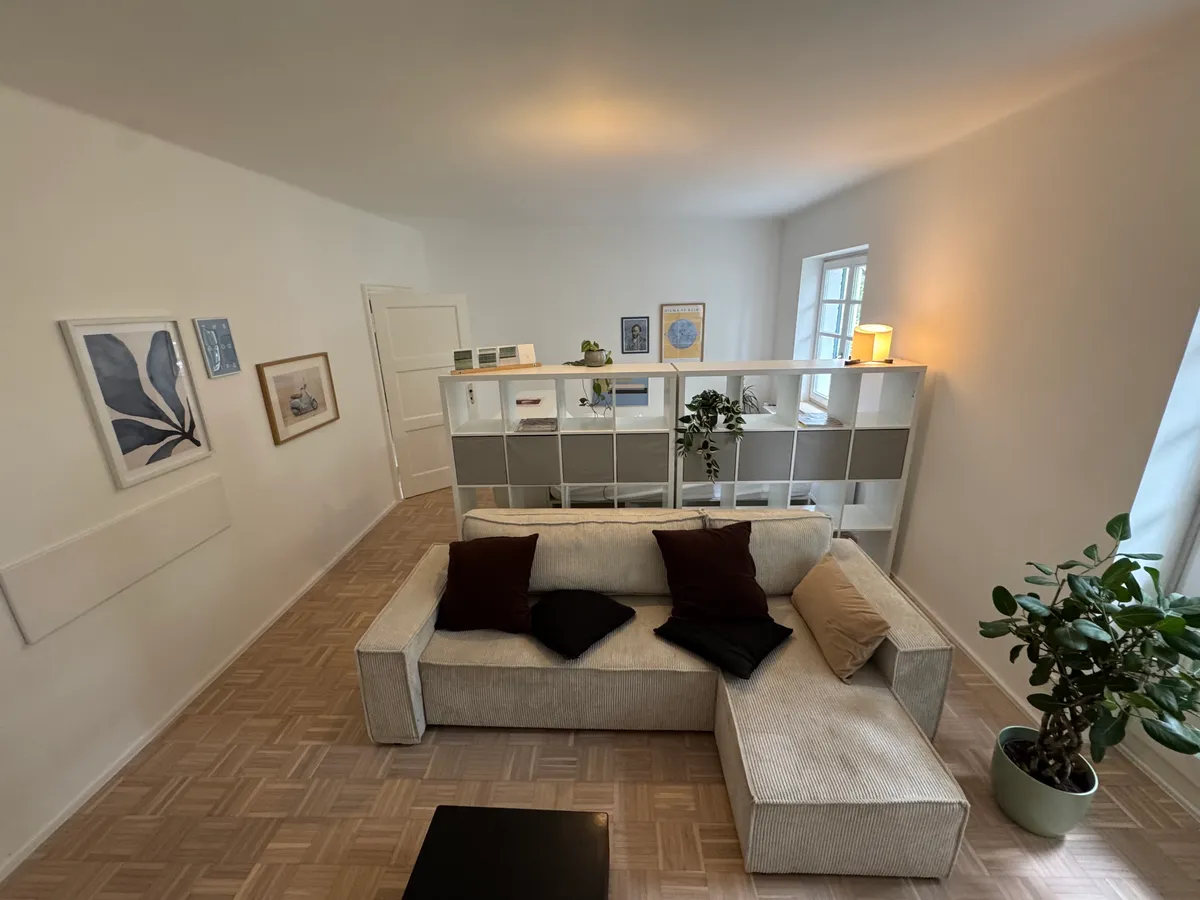 Living room with room-divider shelving and gallery wall